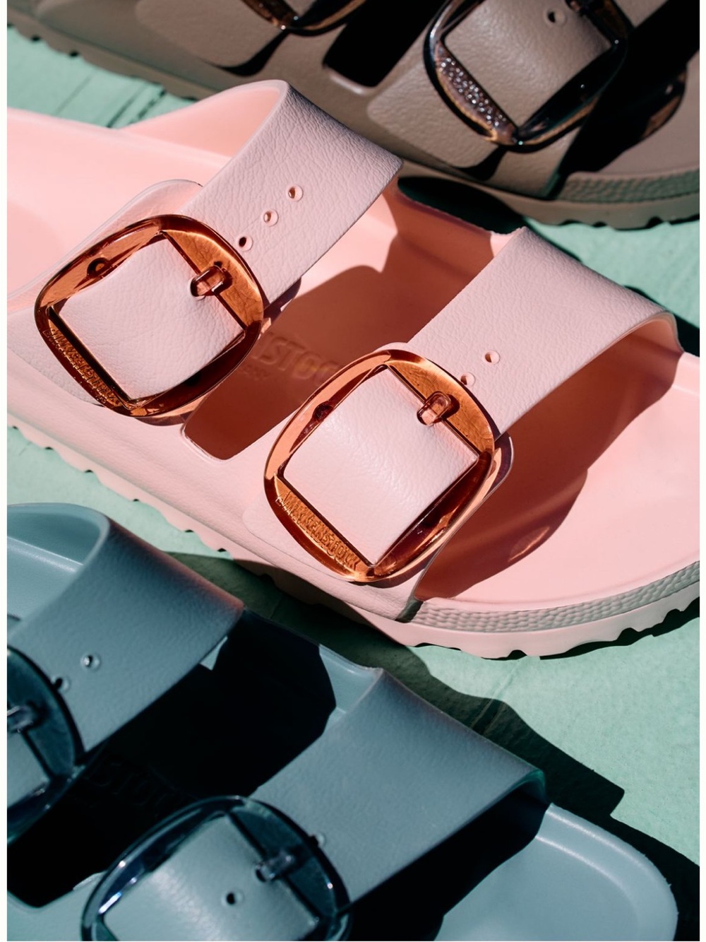 Birkenstock Pink Double-Buckle EVA Slide Sandals with Rose-Gold Buckles